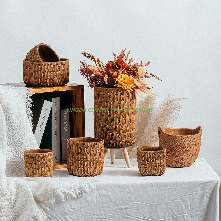 Bamboo Weaving Hanging Basket Design Antique Garden Planter Cement Flower Pot