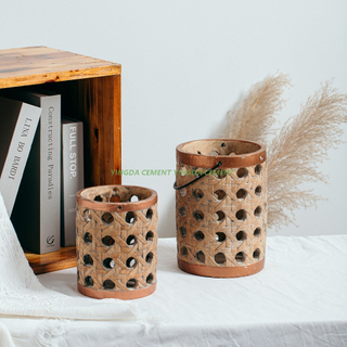 Luxury Exquisite Cylinder Shape Weave Bamboo Design Lantern Candle Holder Cement Candle Lantern with Metal Handle