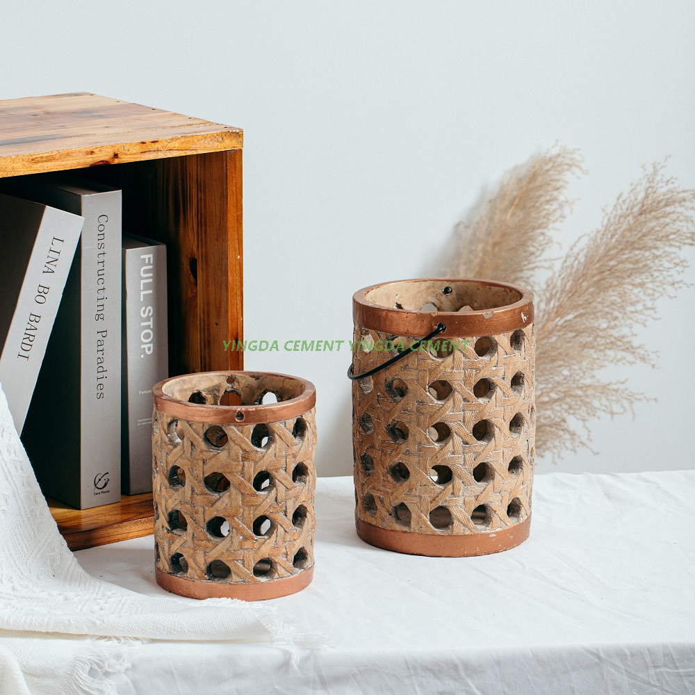 Luxury Exquisite Cylinder Shape Weave Bamboo Design Lantern Candle Holder Cement Candle Lantern with Metal Handle