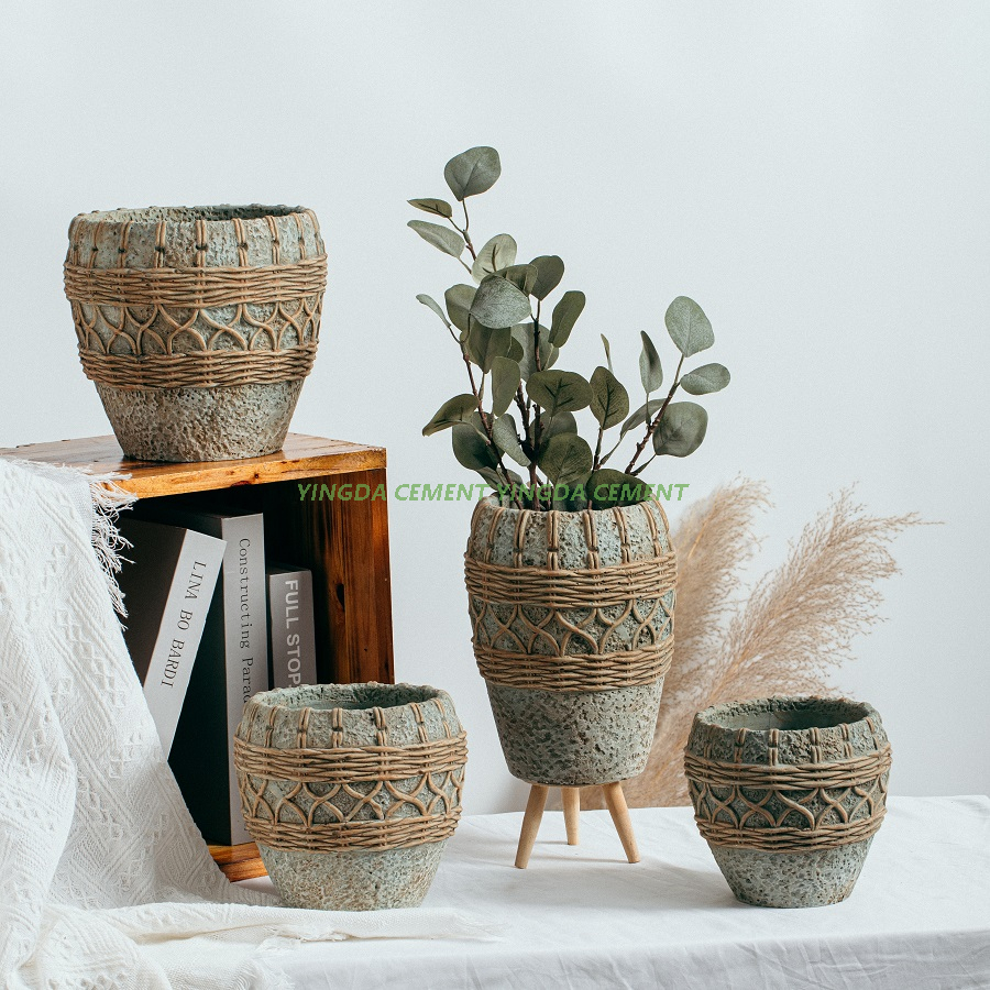 Fashion Art Natural Planter Pots Home Decorative Ornaments Cement Hanging Flower Pot with Rope Handle