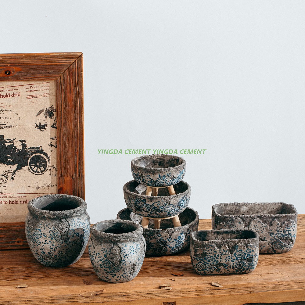 Antiqued Decal Pattern Flower Pot Home Garden Cement Planter Pots in Bulk