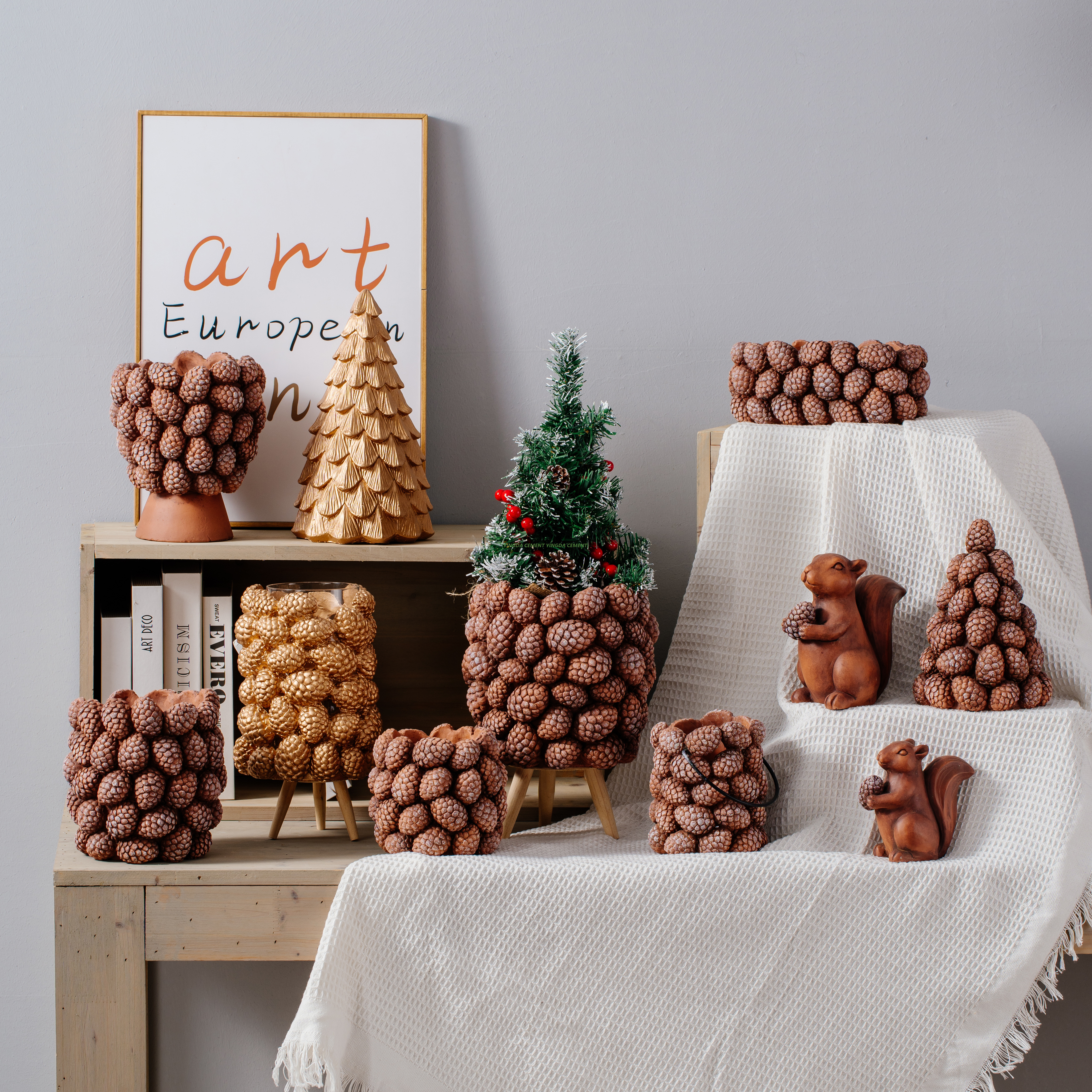 Hot Selling Creative Cement Pine-cone Design Art Sculpture Desktop Porcelain Plant Pot Cement Flower Vase for Home Decoration