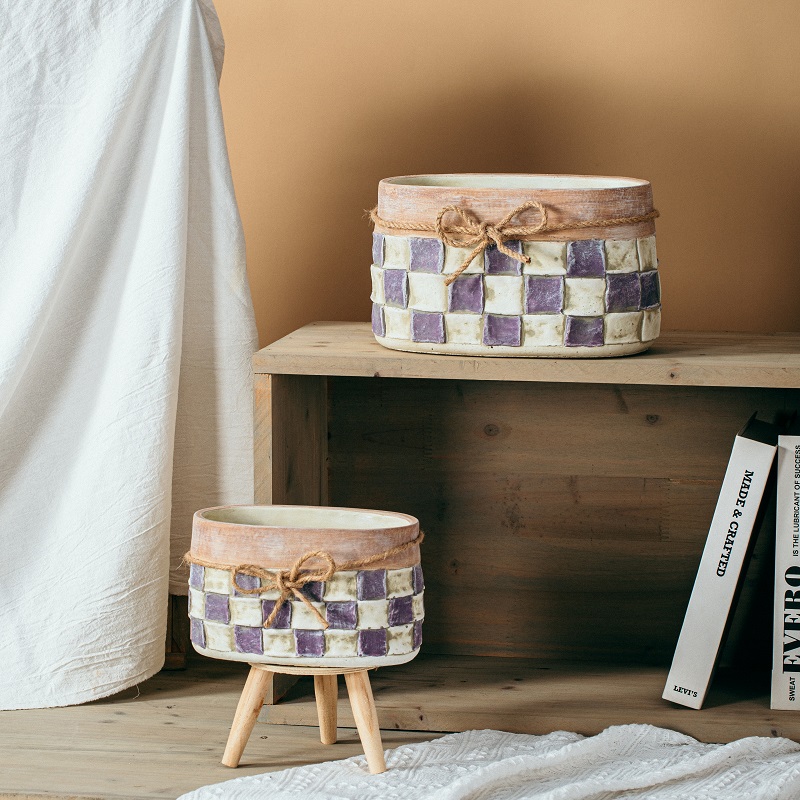 Wholesale european style check pattern garden decoration succulent plant pots indoor outdoor cement flower pots