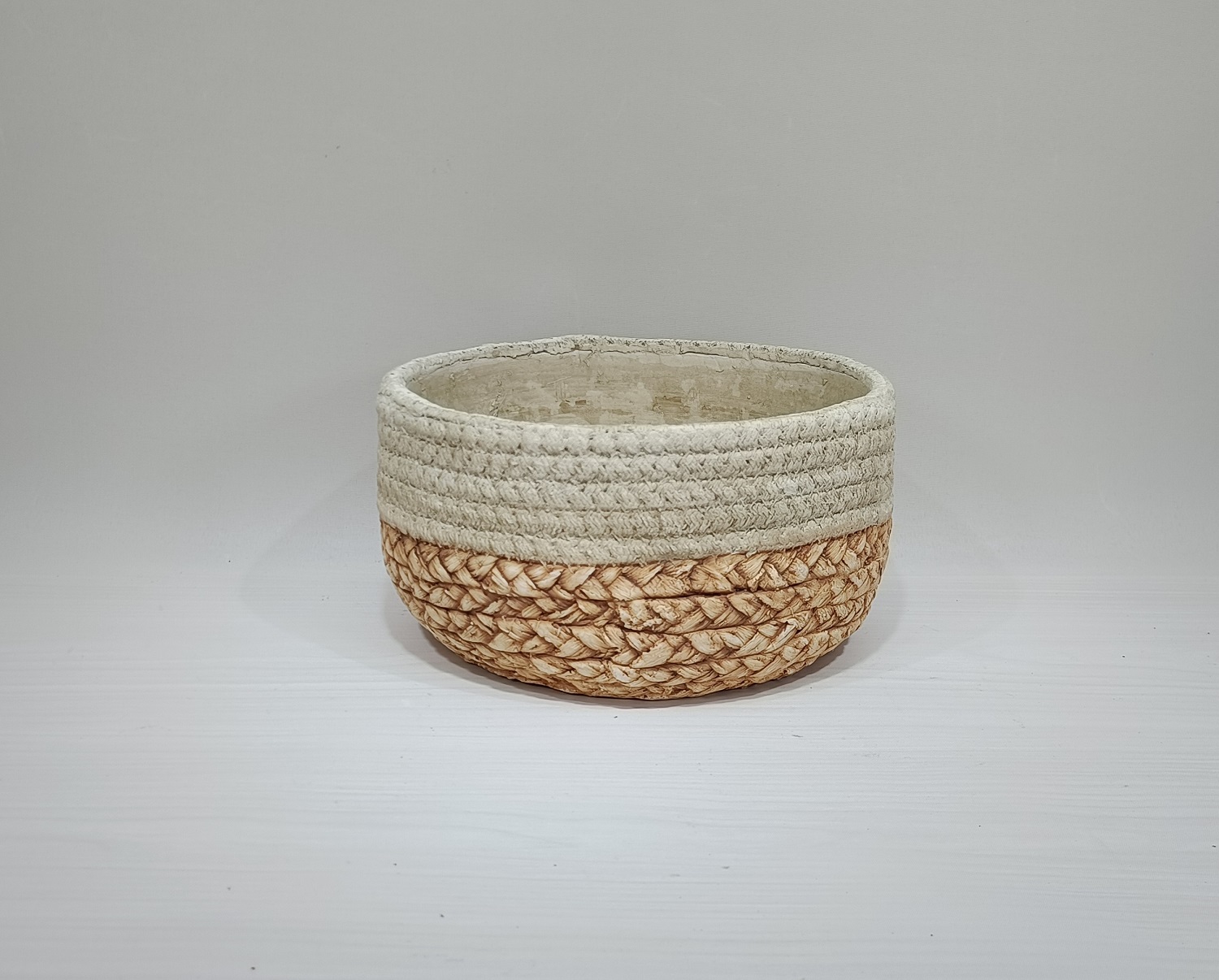 European style home decoration round matte cement flower pots planters bamboo woven design wholesale cement pots