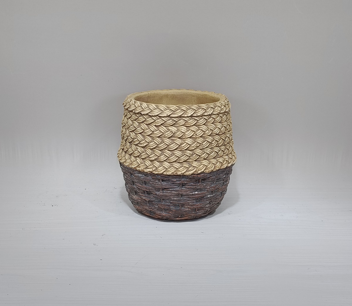 Rural rural style bamboo weaving design balcony planter pot cement cheap garden flower pots for sale