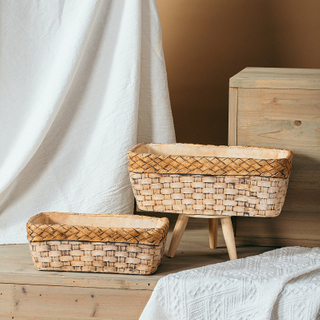 Nordic rustic style bamboo woven design cement pots home garden rectangle retro decoration cement flower pot