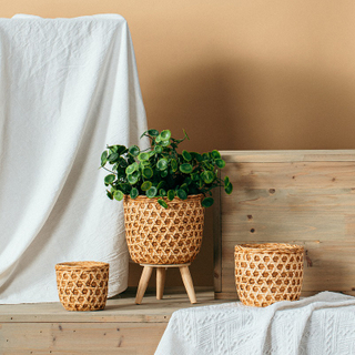 Rustic style bamboo woven design plant pot home garden balcony decorative cement desktop flower pots