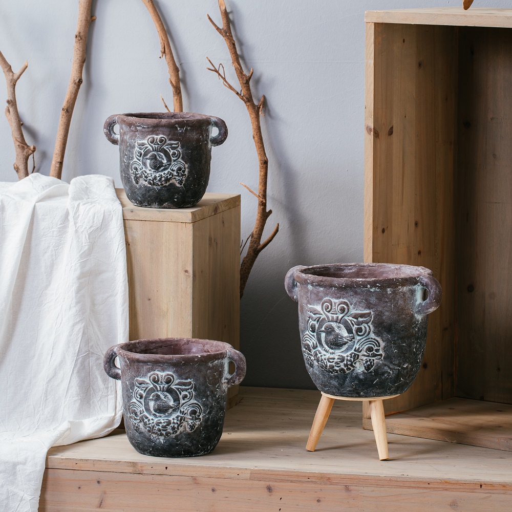 Vintage home decoration garden pots cement flower pots & planters with double handles