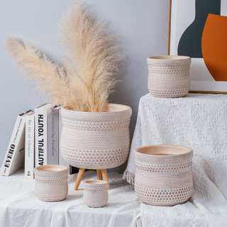 Bamboo woven design concrete flower pot light color decoration cement flower pots