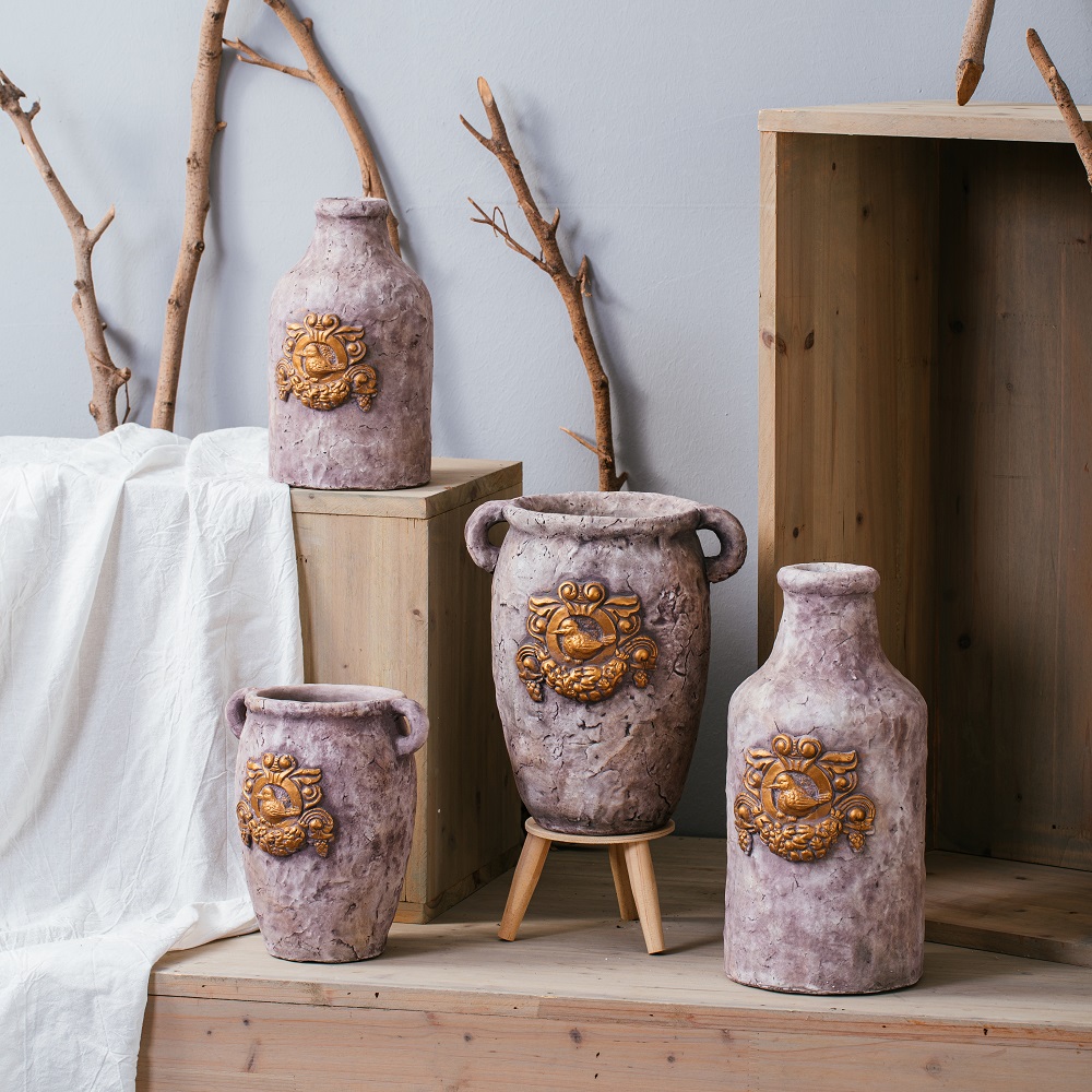 home garden decoration luxury concrete pots cement flower pots with double handles