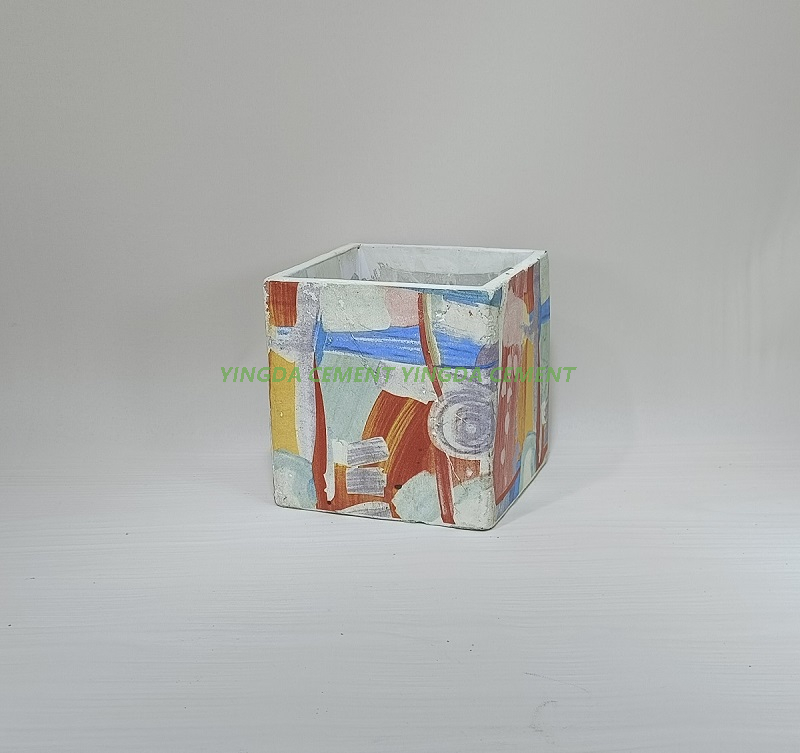 Square Pot with Decal Cement Flower Pot