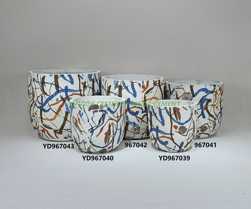 Round Pot with Decal Cement Flower Pot