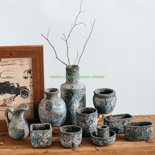 Antiqued Decal Pattern Flower Pot Home Garden Cement Planter Pots in Bulk