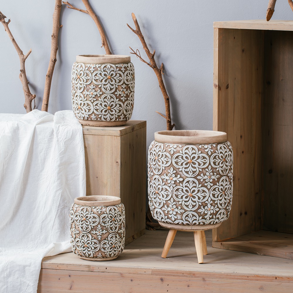 fashionable embossed design concrete pot home garden decor cement flower pots