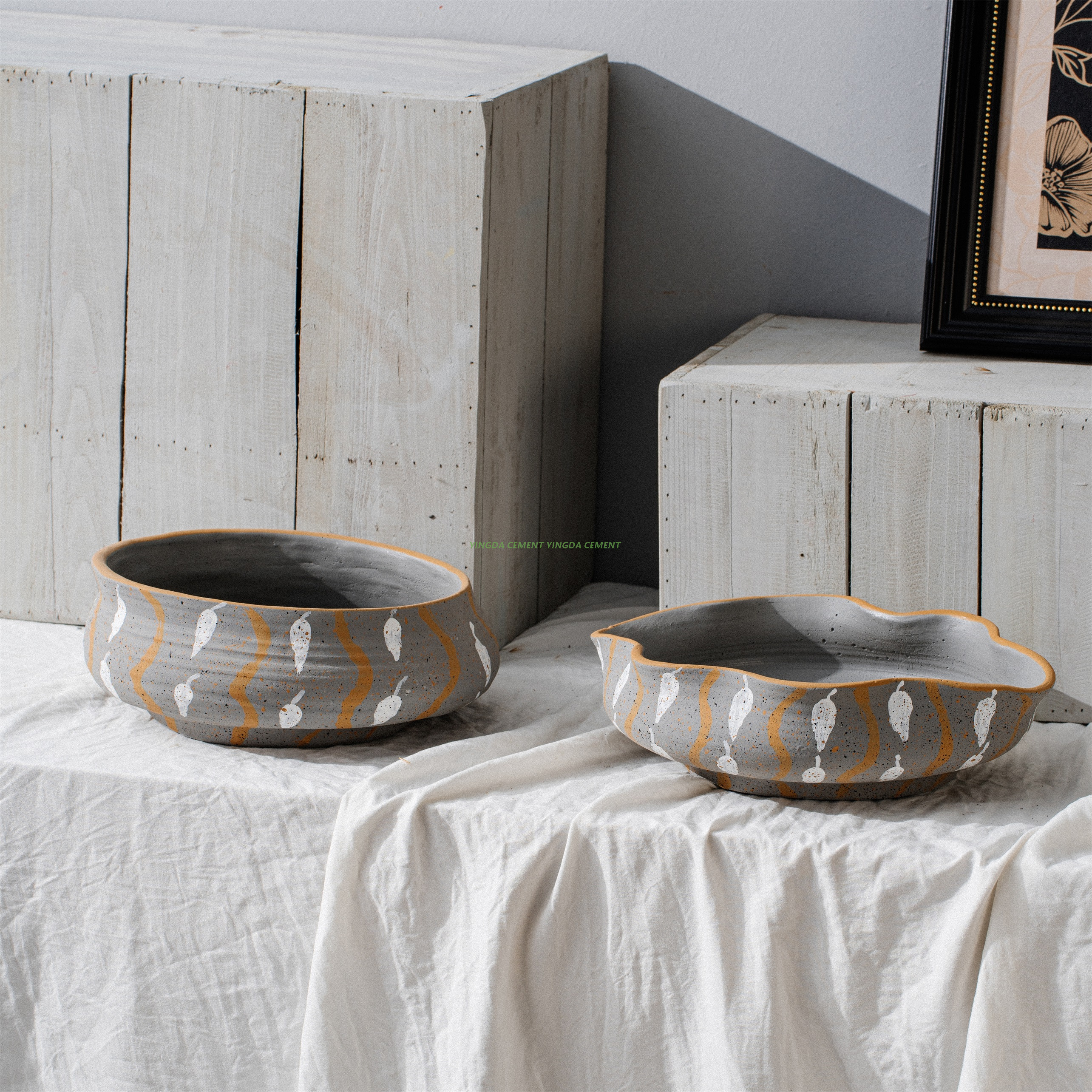 Nordic Style INS Garden Antique Cement Durable Round Flowerpot Hand-painted Breathable Degradable Cross-border Guest Use