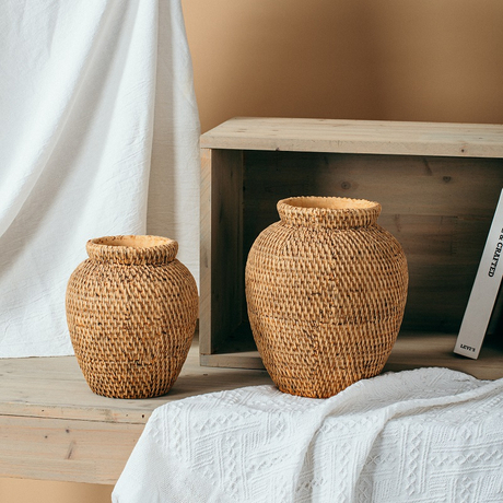 Retro rustic style handmade bamboo woven design pottery vases big flower vase cement vases for home decor