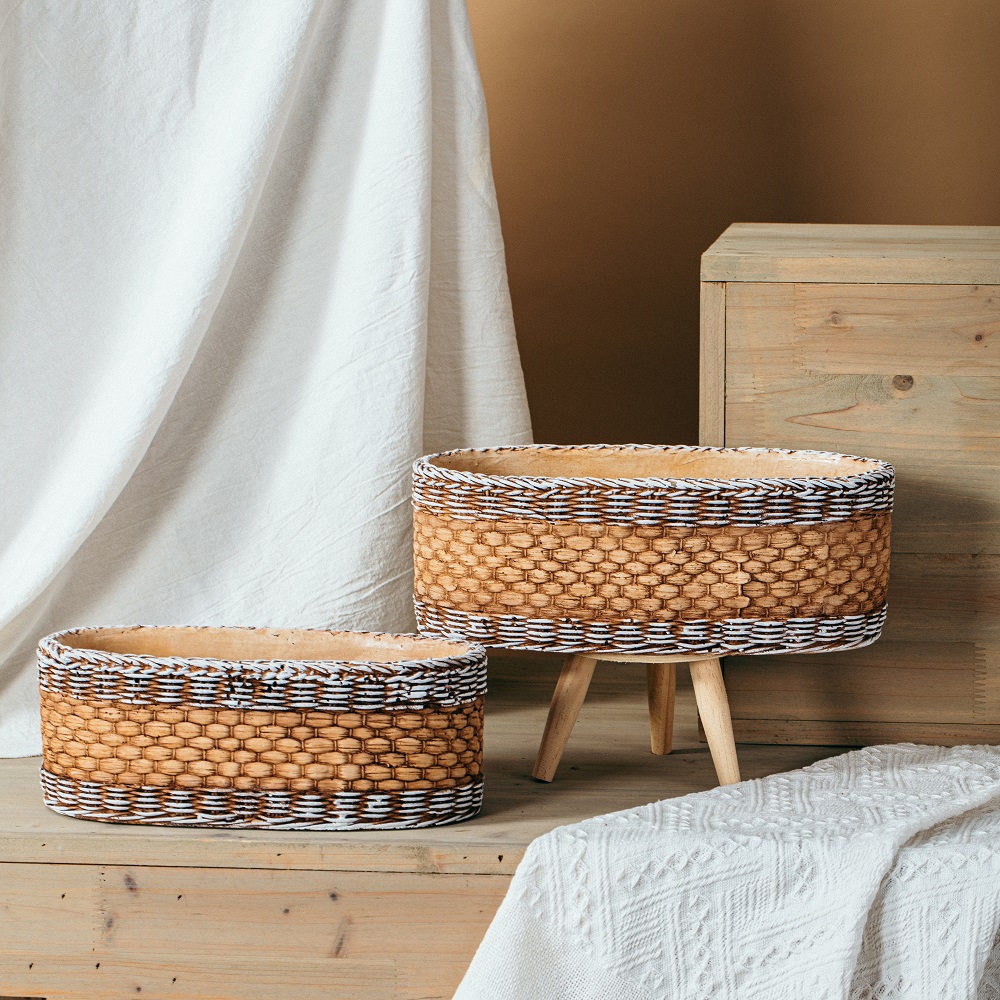 Rustic classic style bamboo weaving design pots garden decorative cement garden pot for suculents cactus