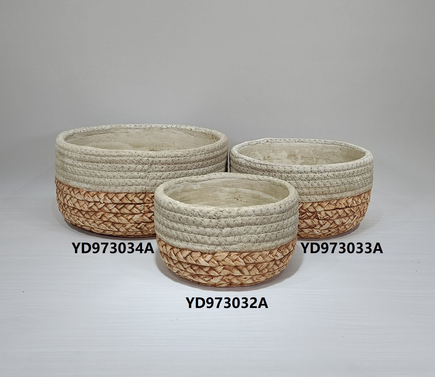 European style home decoration round matte cement flower pots planters bamboo woven design wholesale cement pots