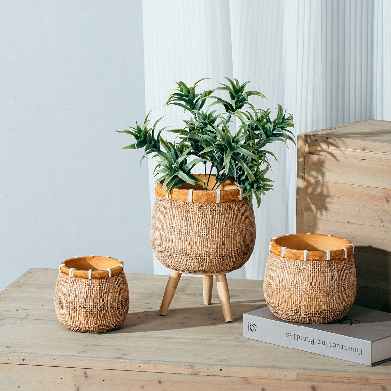 Hot selling bamboo woven design small planters indoor tabletop succulent pots cement garden flower pot