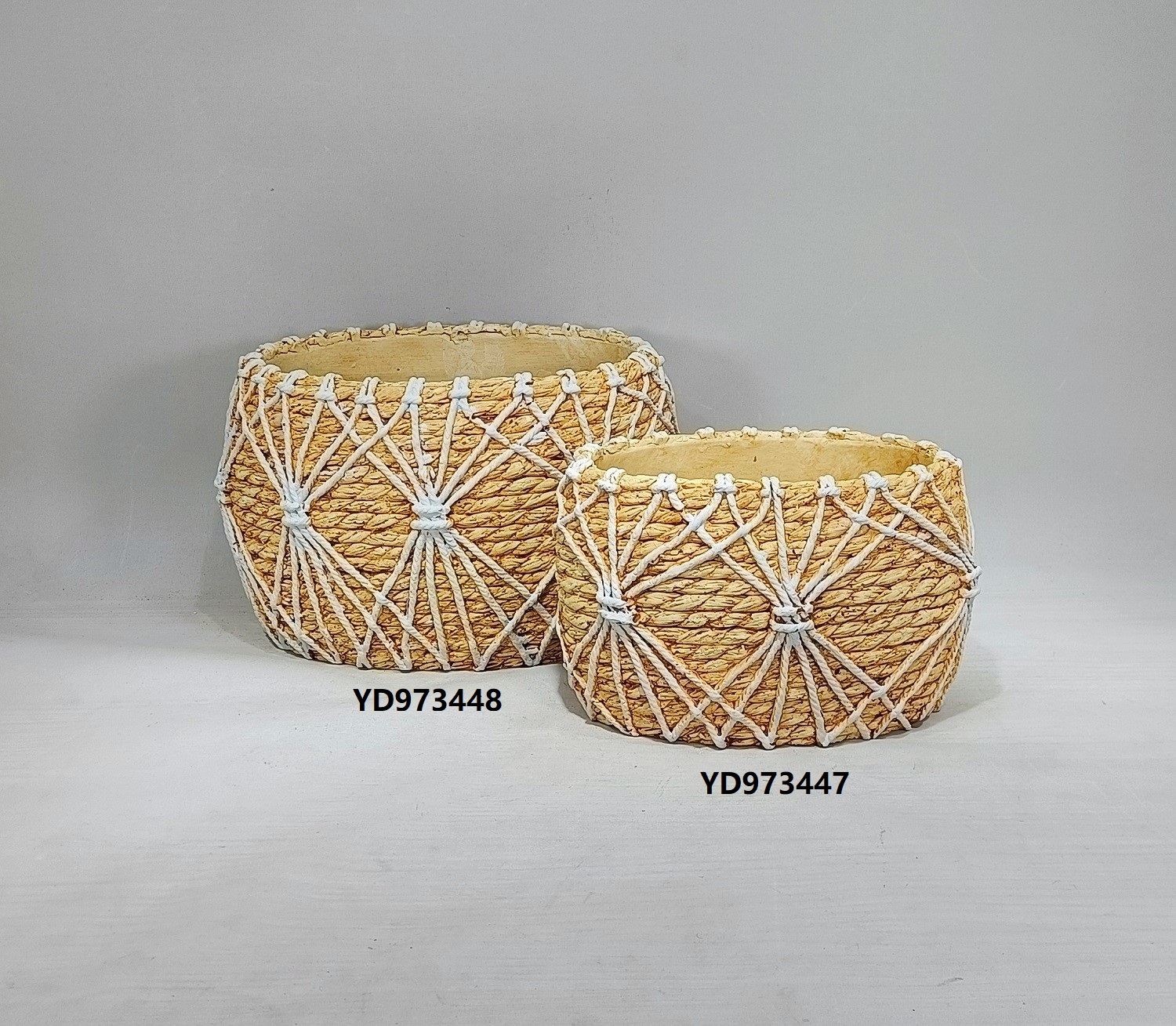 Bamboo woven design hand make concrete oval pot planter cement flower pots