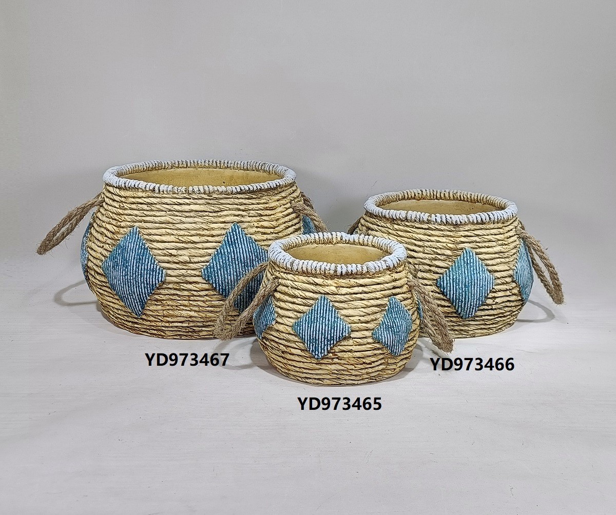 Modern novelty balcony decoration pot cement flower pot round hanging planter pots with jute handle