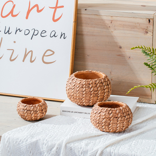 Creative bamboo woven design ball shape cactus flower pot cement decorative planter garden pots
