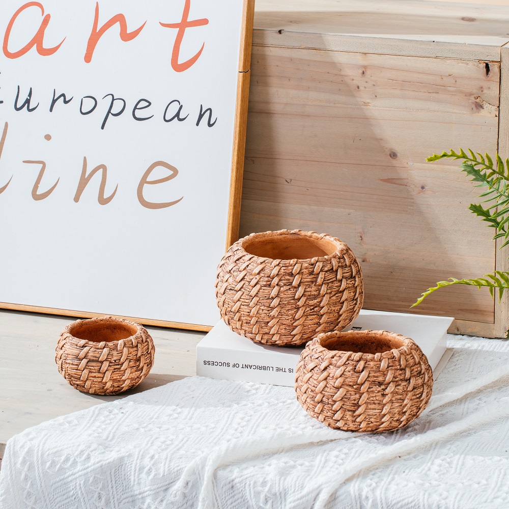 Creative bamboo woven design ball shape cactus flower pot cement decorative planter garden pots