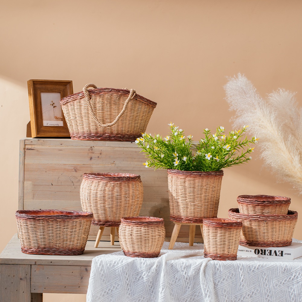 unique bamboo woven basket design succulent flowerpot home decoration cement pots