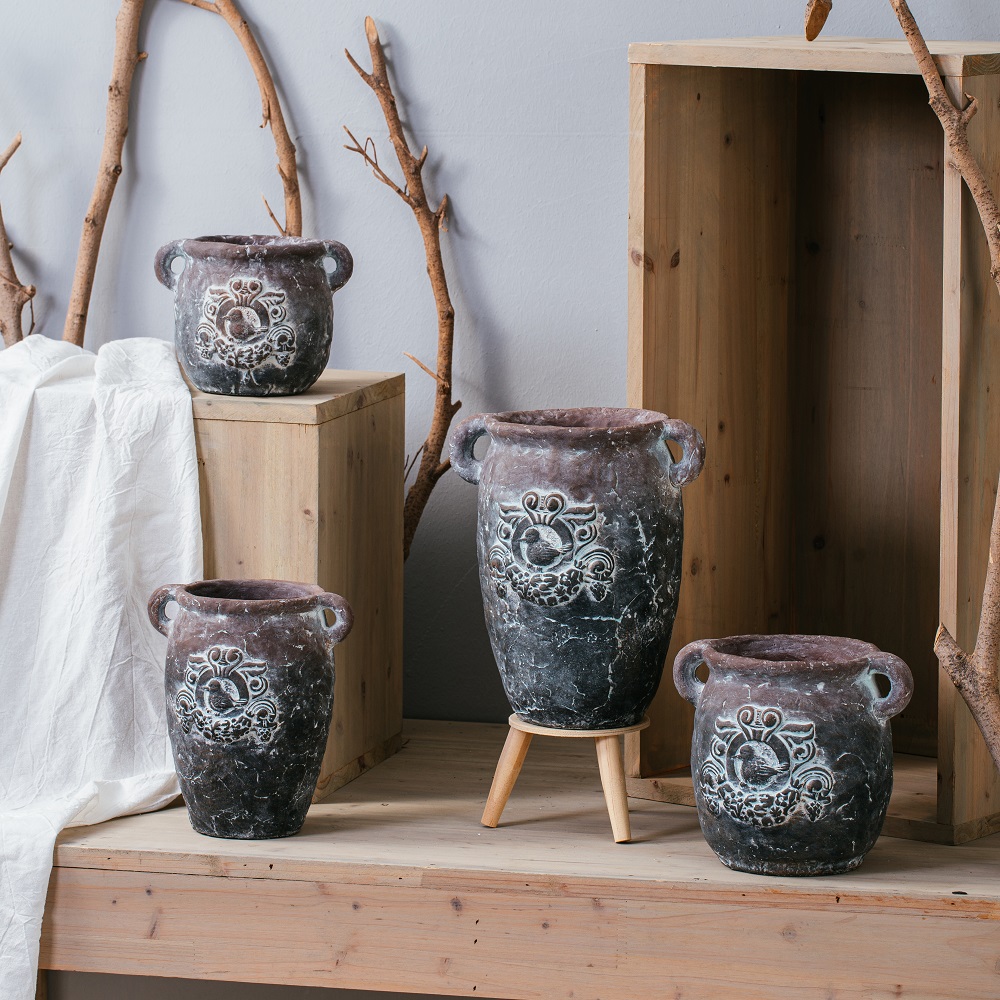 Vintage home decoration garden pots cement flower pots & planters with double handles