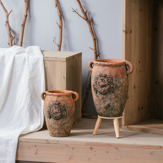 Wholesale decorative antique flower pot matte terracotta color garden decoration cement plant pots with double handles
