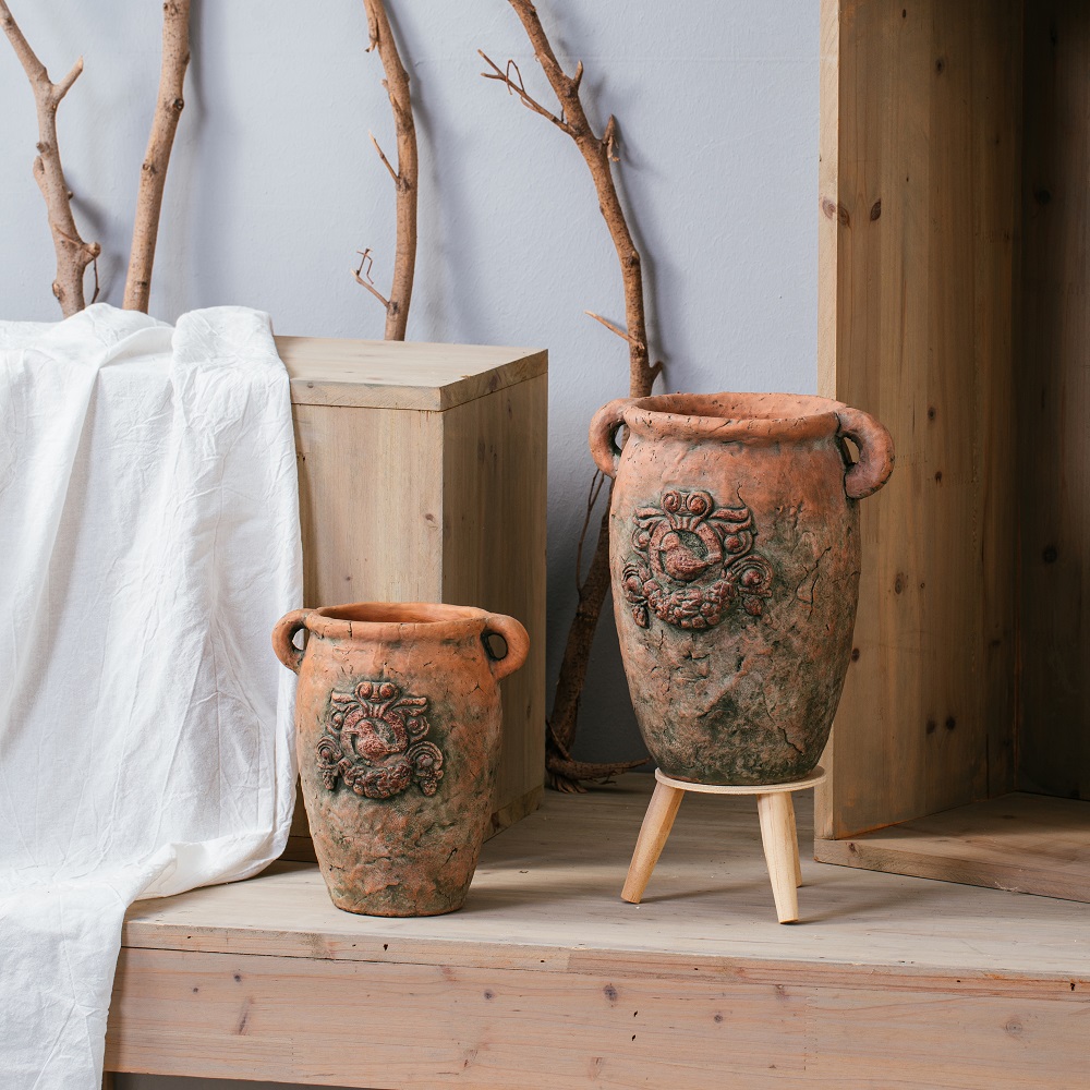 Wholesale decorative antique flower pot matte terracotta color garden decoration cement plant pots with double handles