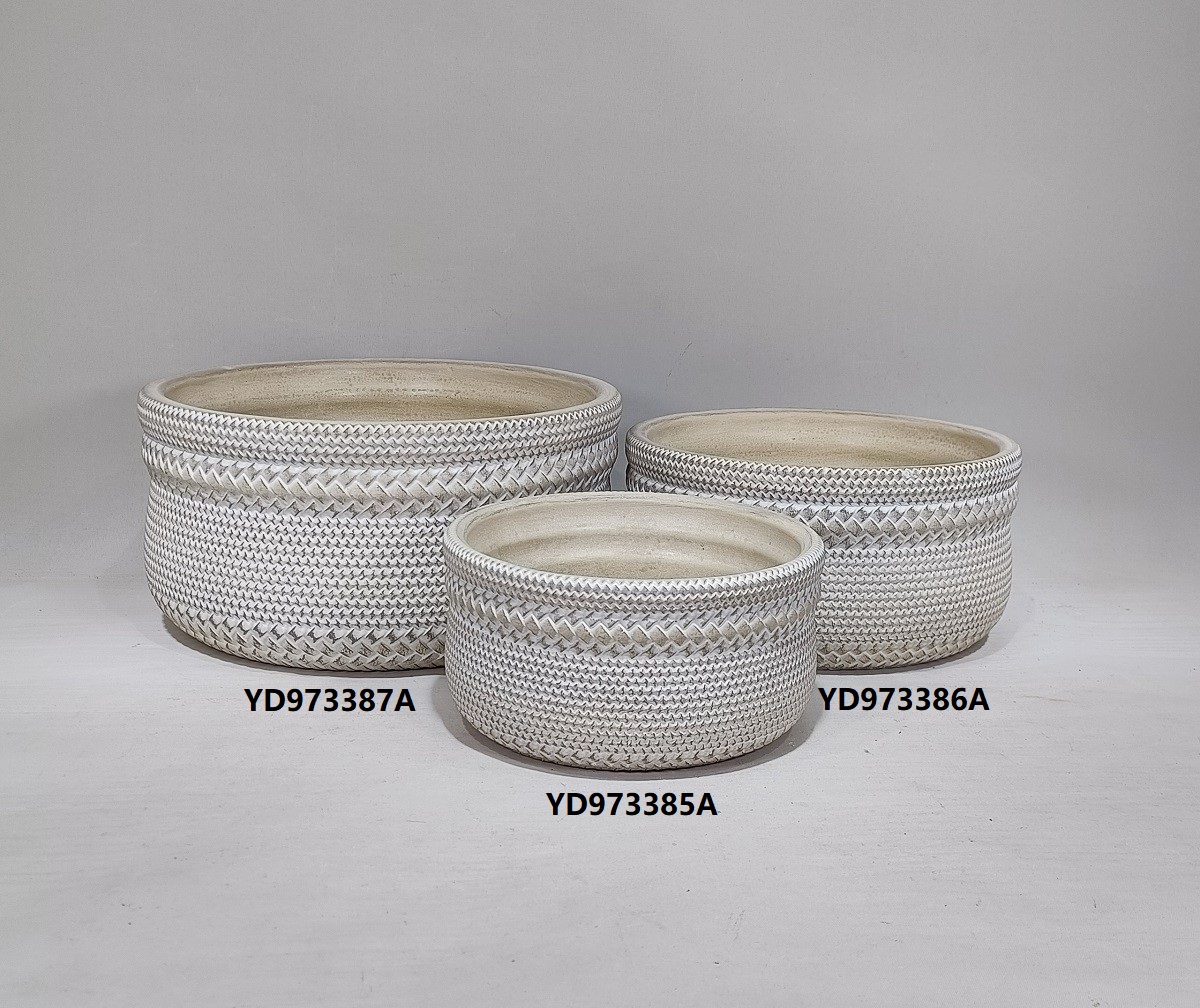 Bamboo woven design Round concrete flower pot light color decoration cement flower pots