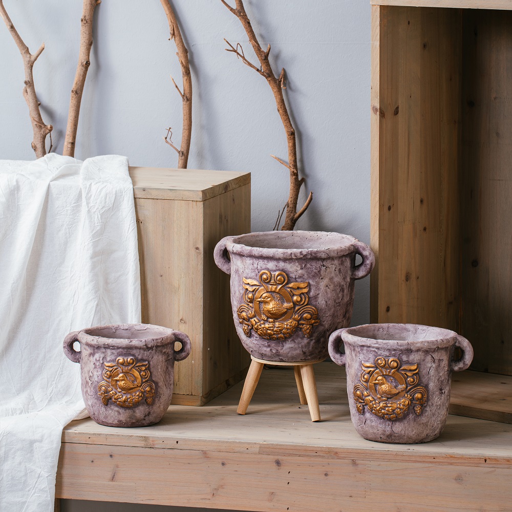 home garden decoration luxury concrete pots cement flower pots with double handles