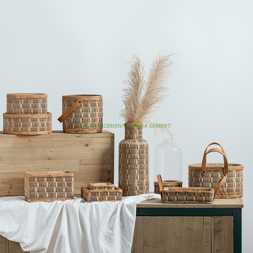 Hot Selling Creative Bamboo Weaving Design Home Garden Decorative Cement Flower Pot for Plant