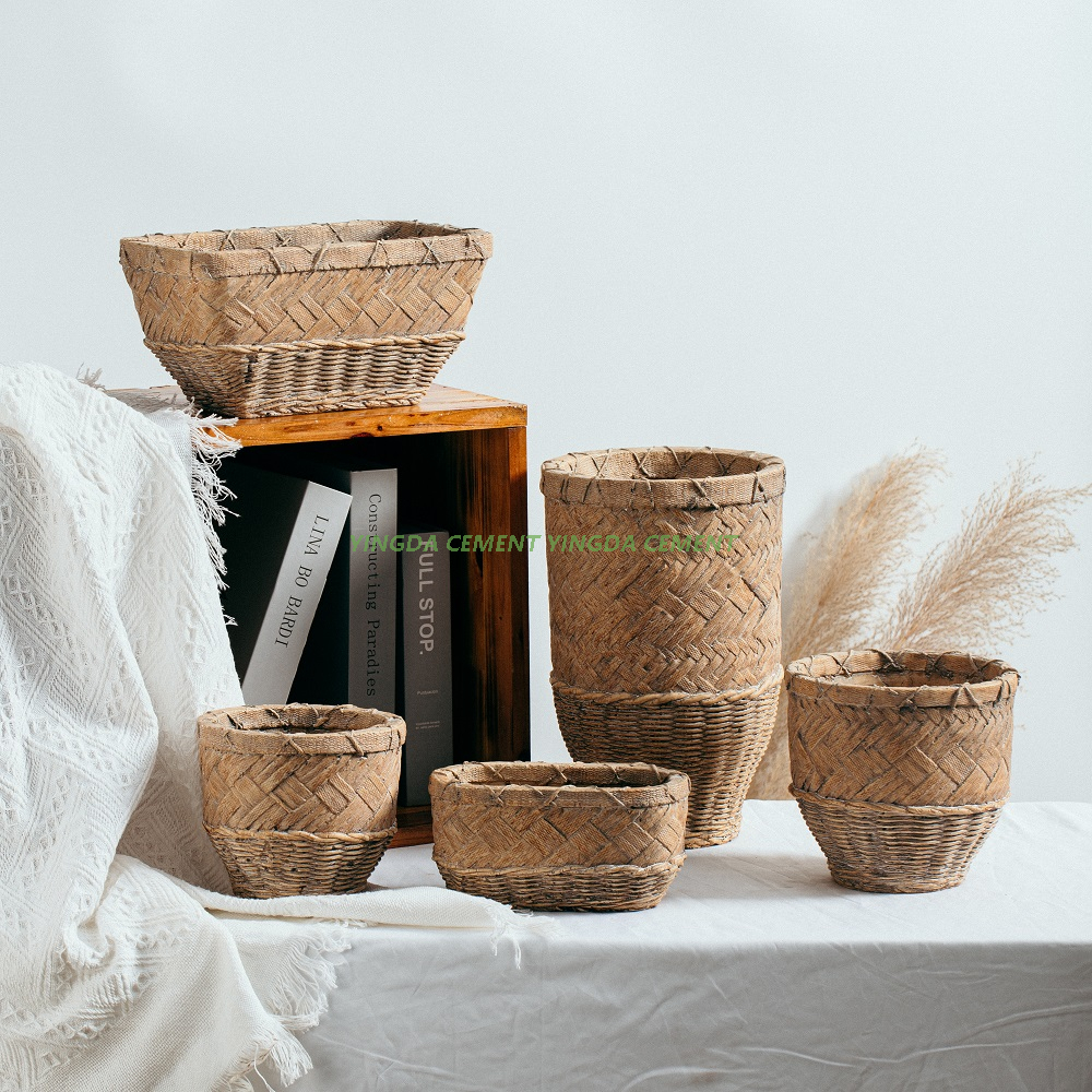 Natural Woven Design Decorative Garden Balcony Unique Cement Flowers Pots for Plant