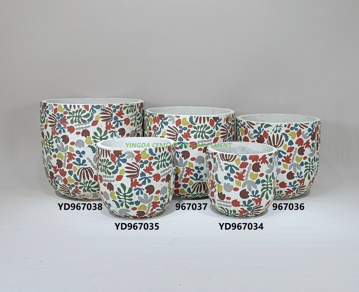 Round Pot with Decal Cement Flower Pot