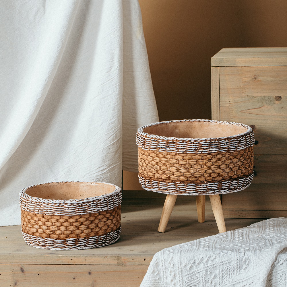 Wholesale bamboo woven design flower pot home decoration desktop cement garden succulent pots