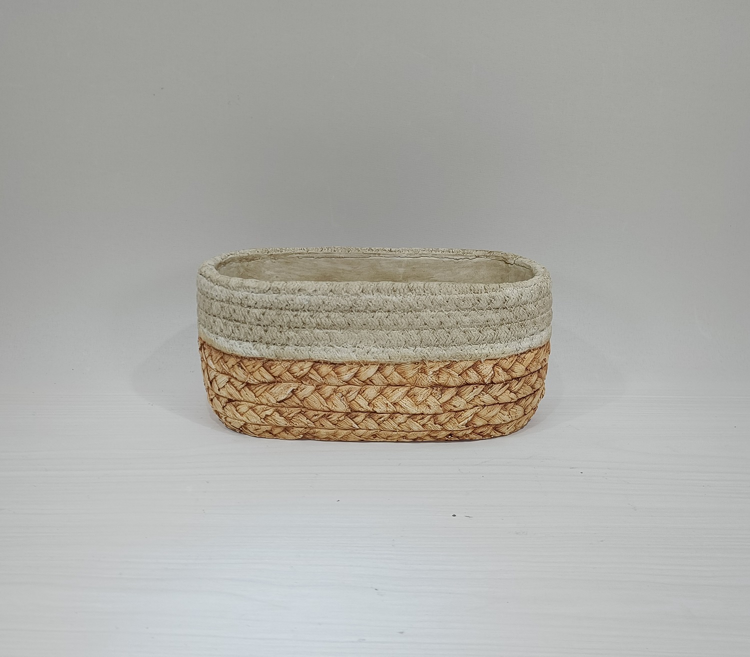 Hot sale modern home decoration bamboo woven design classical matte cement oval planter succulent flower pots