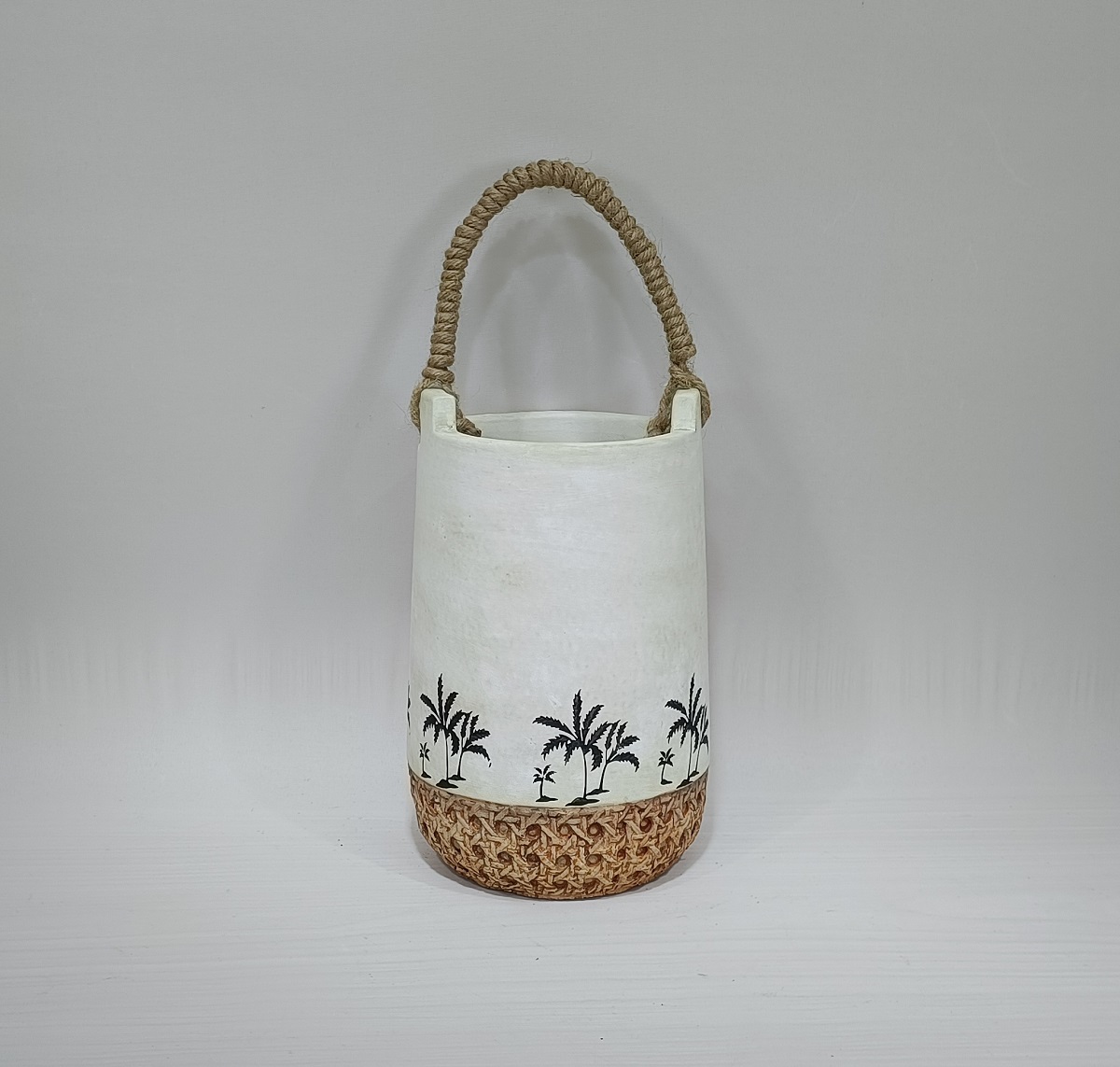 Wholesale bamboo woven base design ikebana vases modern indoor decoration cement flower vase with handle