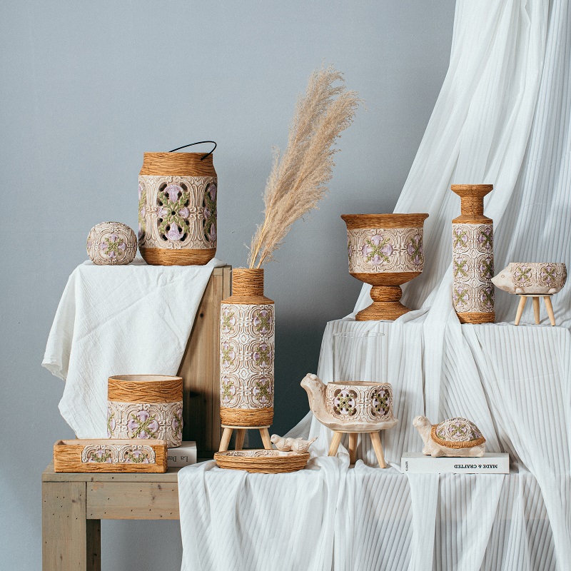 Hot sale elegant pastoral style hollow design candle container home decor cement candle lanterns