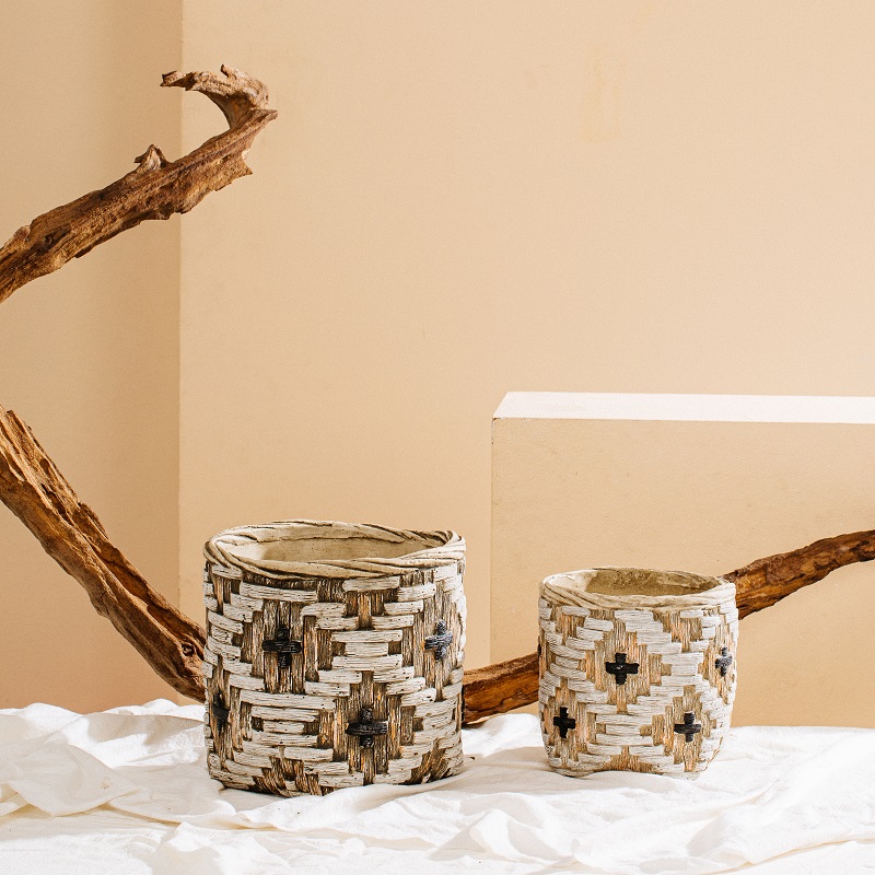 Bamboo Woven Design Courtyard Succulent Planter Pot Concrete Cement Flower Plant Pots for Garden
