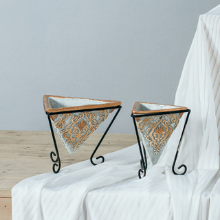 Unique design gold embossed pattern green plants flowerpot balcony cement garden pots with metal stand