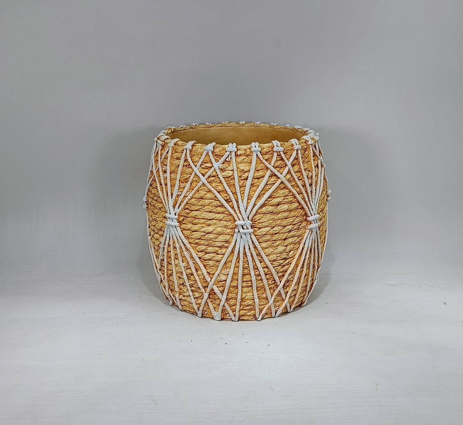 Special design bamboo woven design hand make concrete bonsai pot planter cement flower pots