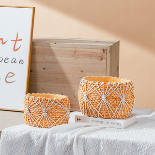 Bamboo woven design hand make concrete oval pot planter cement flower pots