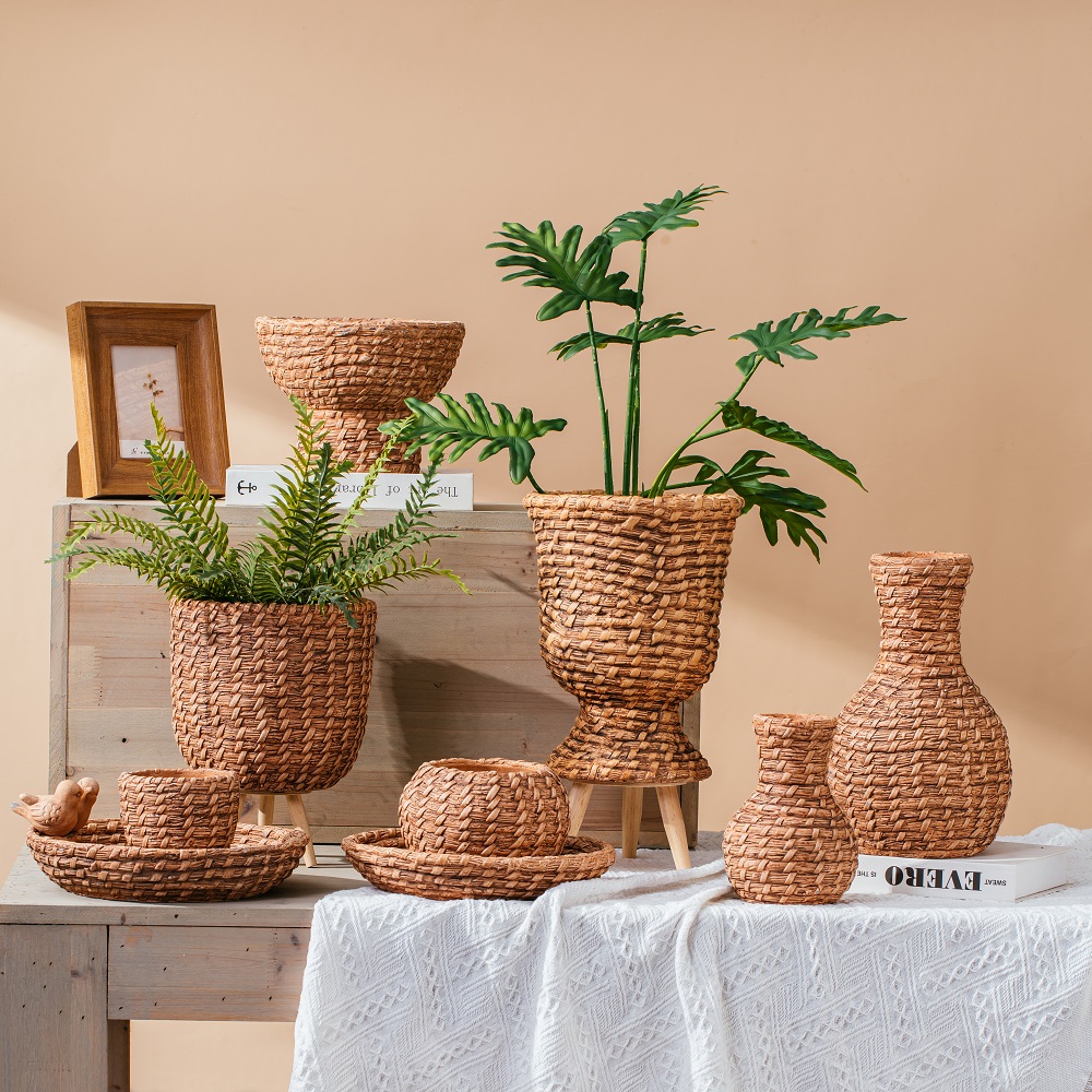 Creative rustic pastoral unique woven basket design cement urn pot decoration concrete flower pots planters