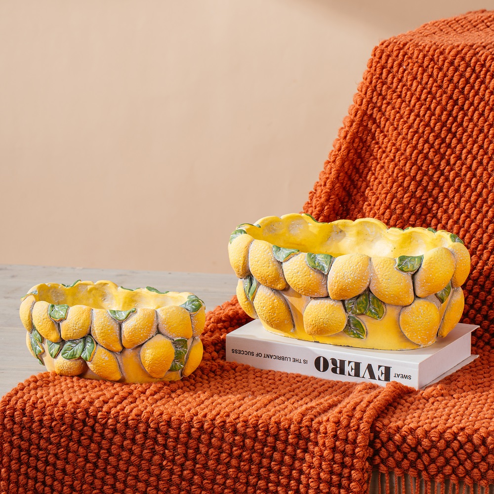 Popular oval cement garden pot fruits design strawberry lemon cement pot for home decor