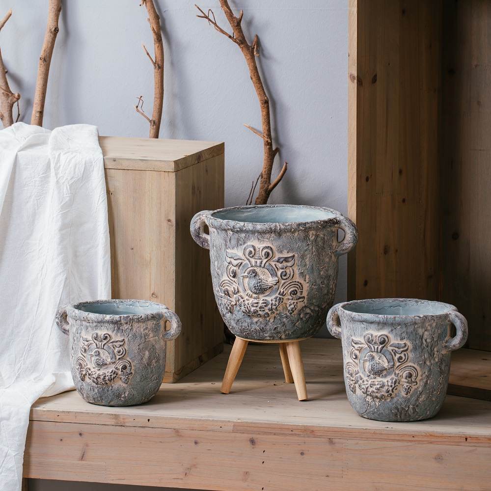Vintage home decoration garden pots old looking cement flower pots & planters with double handles