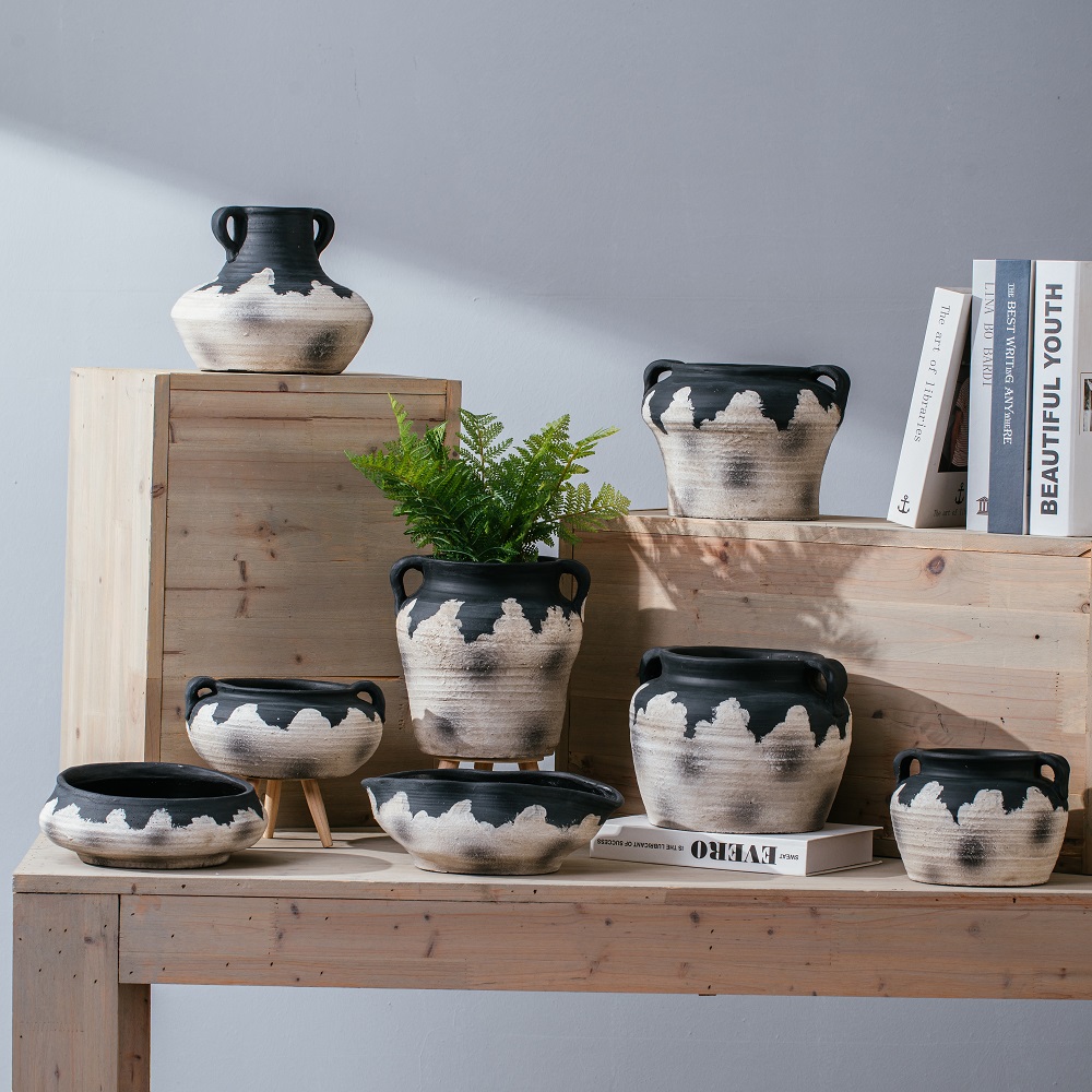 garden decoration cement plant pots Matte Succulent Planters Decorative Flower Pot with Double Handles