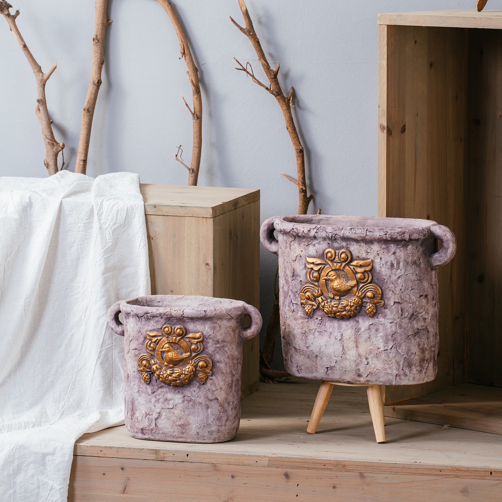 home garden decoration luxury concrete pots cement flower pots with double handles