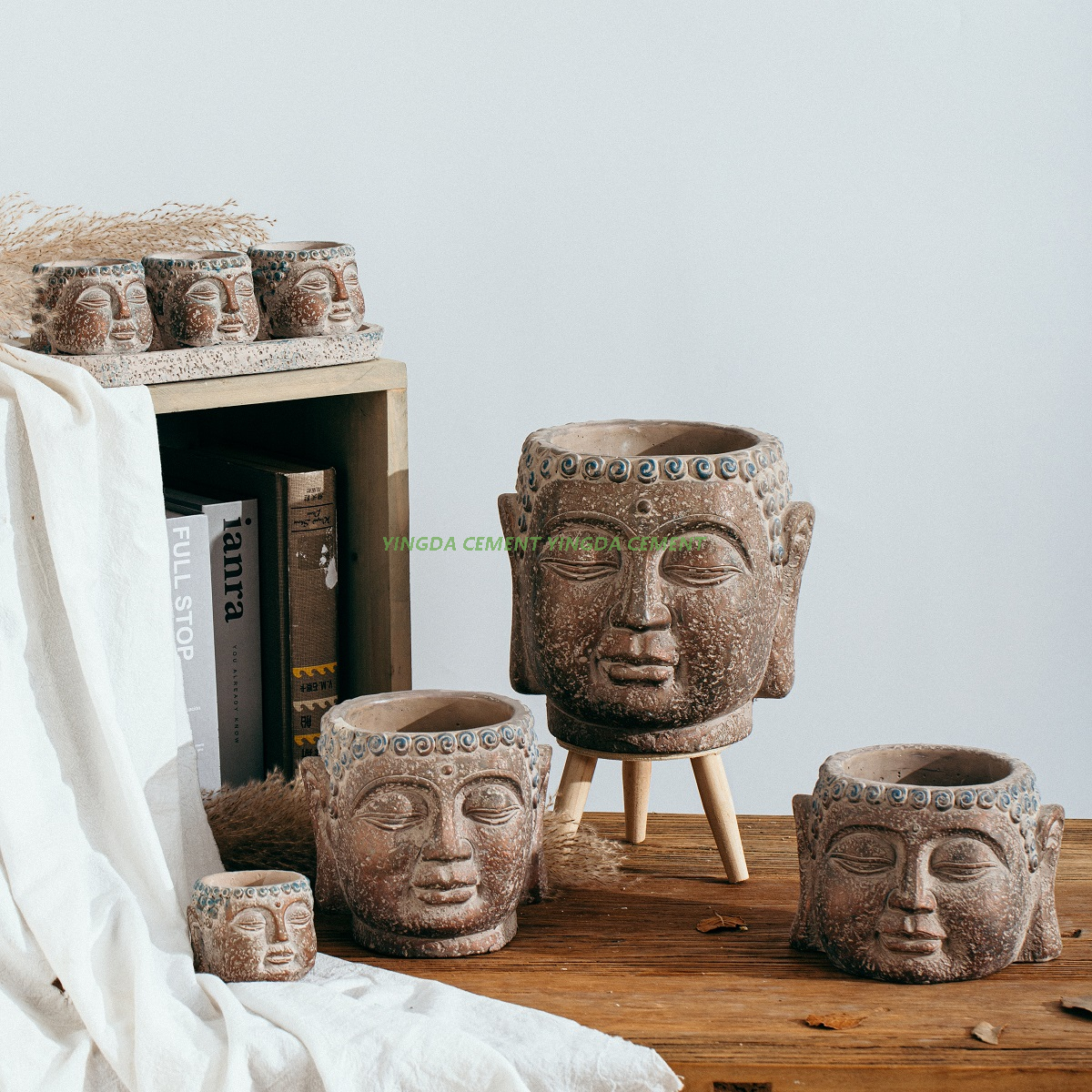 Creative Retro Antique Wholesale Custom Buddha Head Shape Home Decor Ornament Cement Buddha Flower Pot